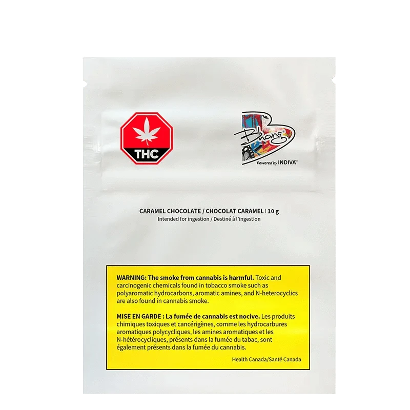 Caramel Chocolate THC:CBD is pictured as a dark, angled view of a label with warnings.