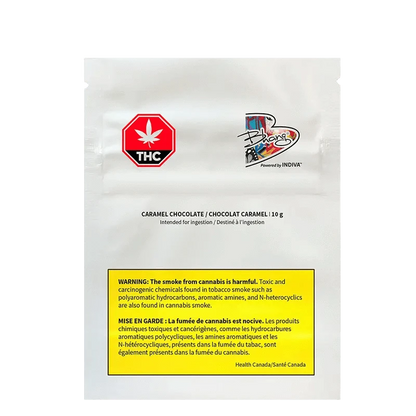 Caramel Chocolate THC:CBD is pictured as a dark, angled view of a label with warnings.