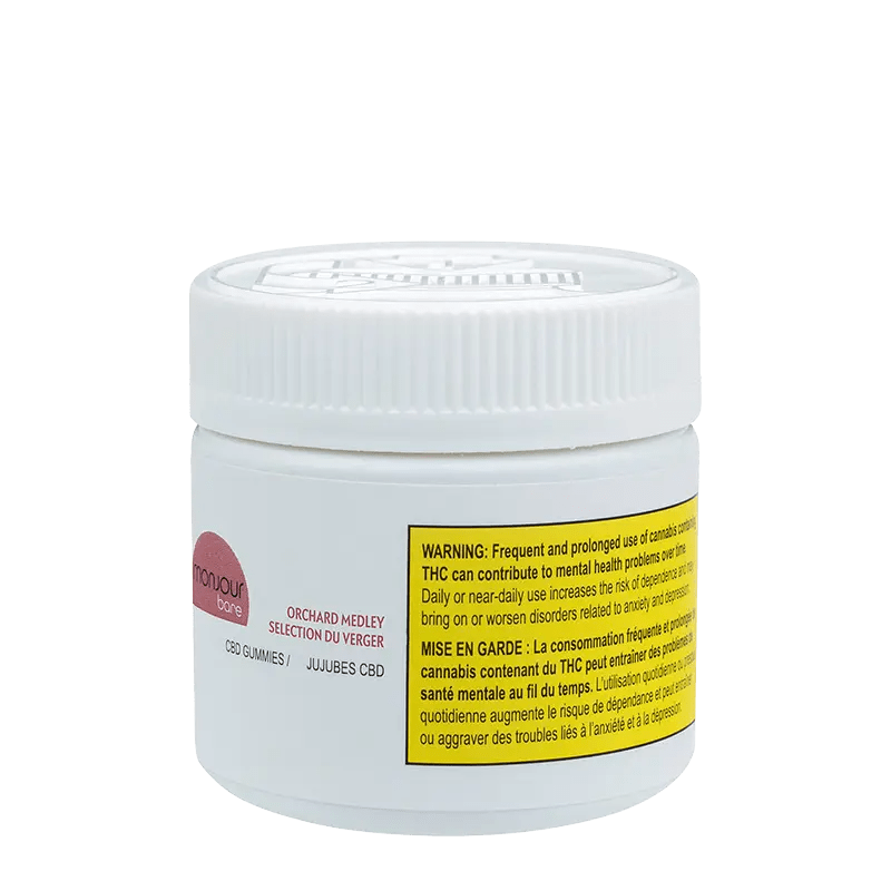 Close-up of Orchard Medley Gummies packaging with a warning message in French against frequent use.