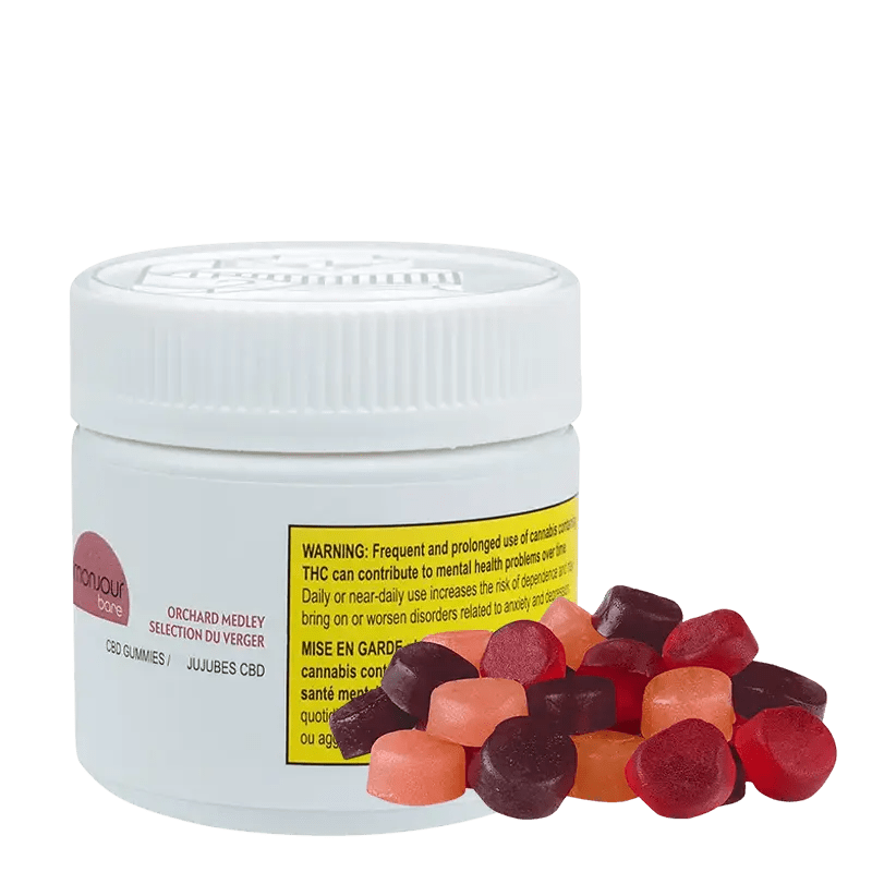 Close-up shot of Orchard Medley Gummies in a clear plastic bag with a vibrant, colorful assortment of gummies visible inside.