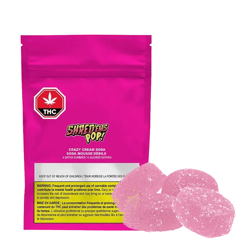 Close-up of the Crazy Cream Soda Cookies Gummies packaging with a colorful design and prominent branding on a dark background.