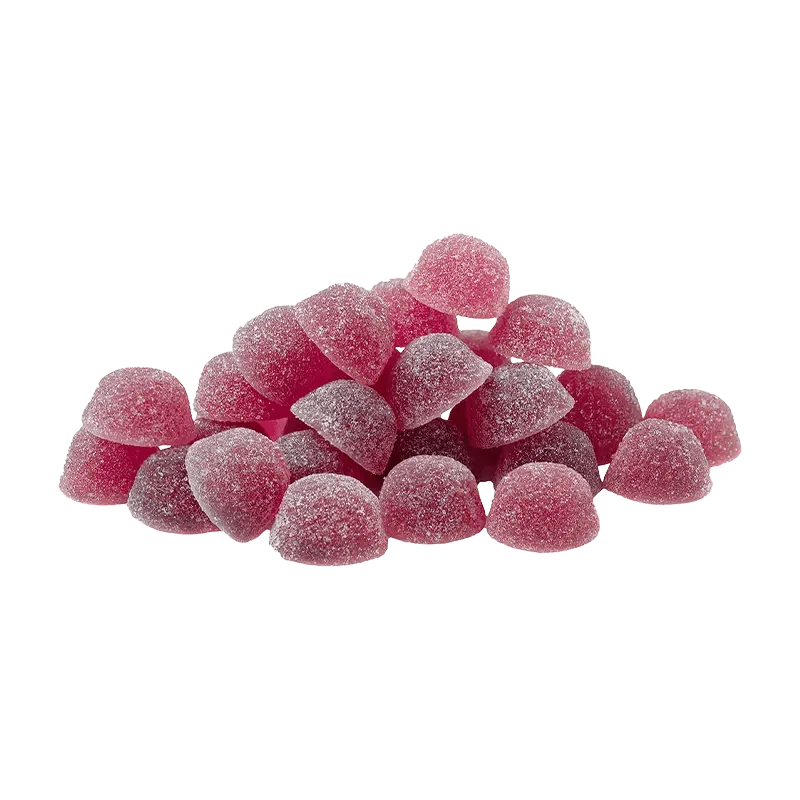 Fast CBN Blackberry Lavender Gummies scattered on a white surface, photographed from a high angle.