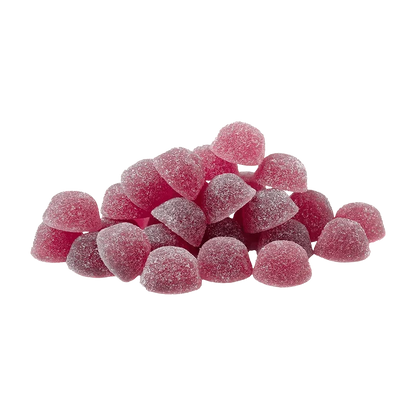 Fast CBN Blackberry Lavender Gummies scattered on a white surface, photographed from a high angle.