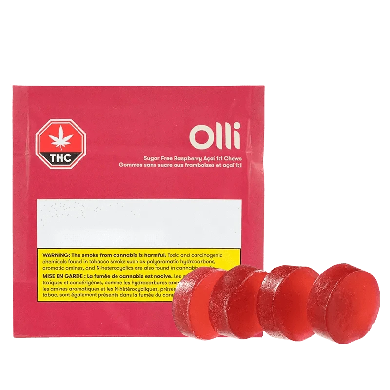 A close-up of Sugar Free Raspberry Acai 1:1 Gummies against a dark background with prominent branding details.