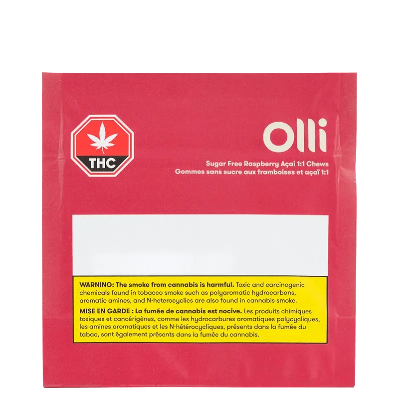 Sugar Free Raspberry Acai 1:1 Gummies packaging with a warning sign and a red cannabis leaf against a black background.