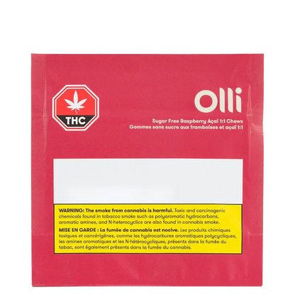 Sugar Free Raspberry Acai 1:1 Gummies packaging with a warning sign and a red cannabis leaf against a black background.