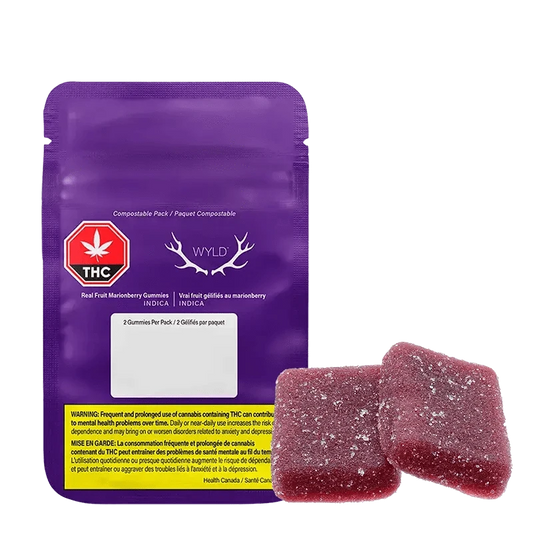 Front view of the Real Fruit Marionberry Gummies packaging, displaying a green logo and text on a purple background.