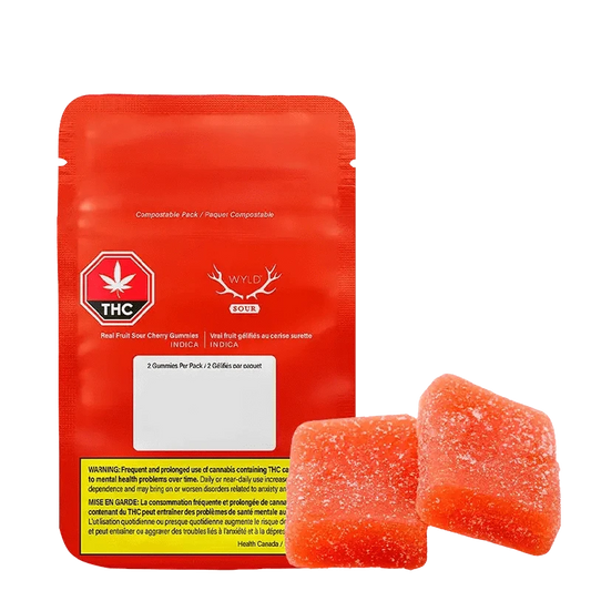 Real Fruit Sour Cherry Gummies presented in a transparent bag, viewed from a slight angle, highlighting the red gummies inside.