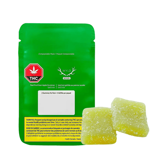 Front view of Real Fruit Sour Apple Gummies packaging with a green background and bold white text.