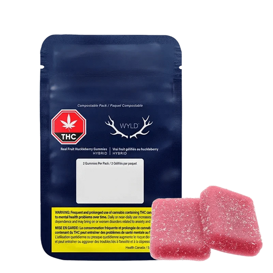 Front view of Real Fruit Huckleberry Gummies packaging with branding and warnings, showing a purple and black design.