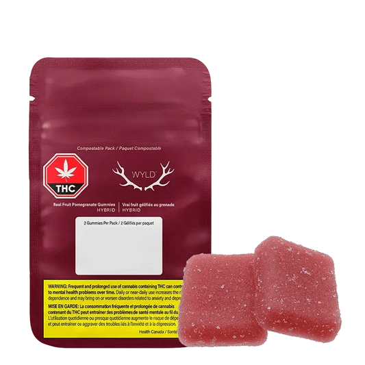 Close-up of the Real Fruit Pomegranate 1:1 Gummies packaging with THC warning, against a dark background.