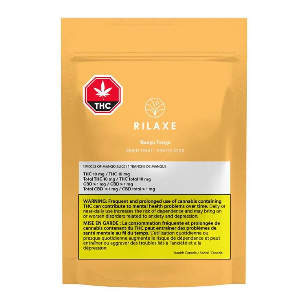 Dried Fruit - Mango 2:1 package displays a warning message against risks in a close-up, angled view.