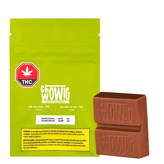 A close-up of the Wow Milk Chocolate bar’s packaging with a red THC label, viewed from a slight angle.