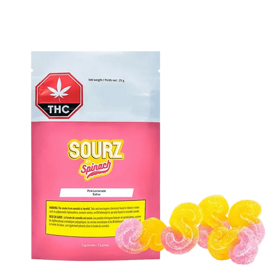 Close-up of Pink Lemonade Gummies packaging, showing colorful branding and a bold, angled design.