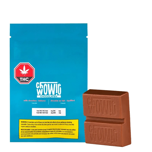Front view of the Chowie Wowie Balanced Chocolate wrapper, featuring bold text and a dark color scheme.