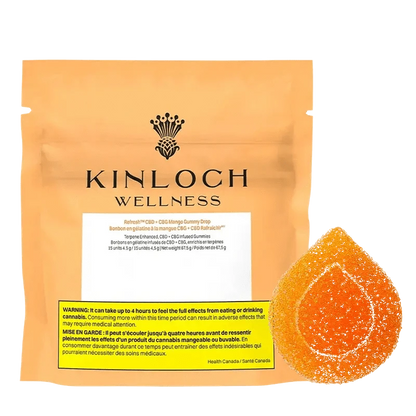 Close-up of the Refresh™ Mango Drop 1:1 Gummies packaging with branding, featuring a dark background and white text.