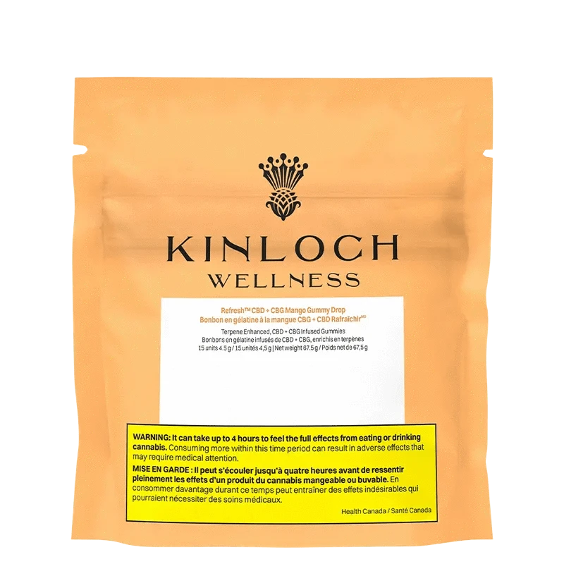 Kinloch Wellness Refresh™ Mango Drop 1:1 Gummies are featured on a black background, displaying bold text and branding.