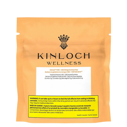 Kinloch Wellness Refresh™ Mango Drop 1:1 Gummies are featured on a black background, displaying bold text and branding.