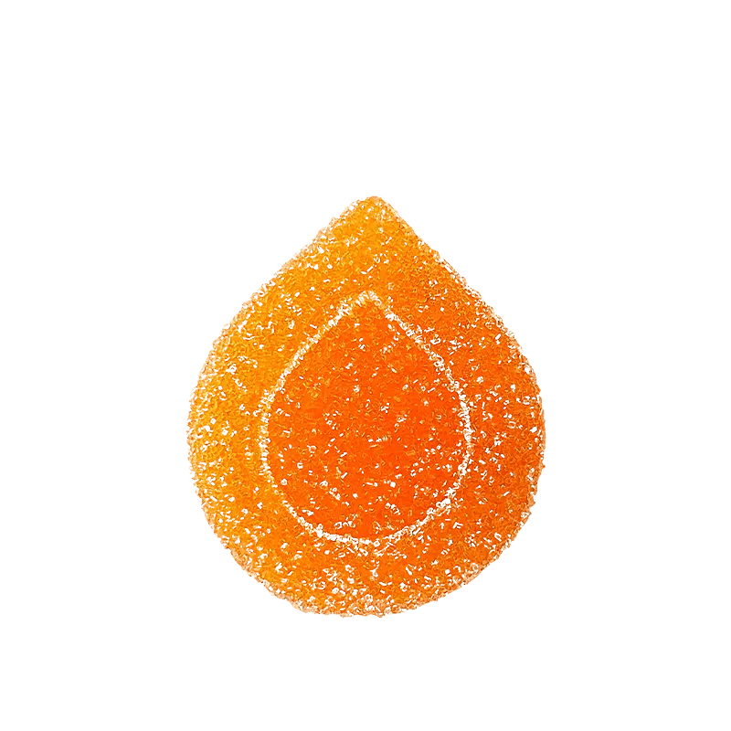 A close-up of the Refresh™ Mango Drop 1:1 Gummies, showing a vibrant, translucent orange drop against a white background.