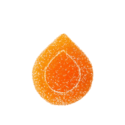 A close-up of the Refresh™ Mango Drop 1:1 Gummies, showing a vibrant, translucent orange drop against a white background.