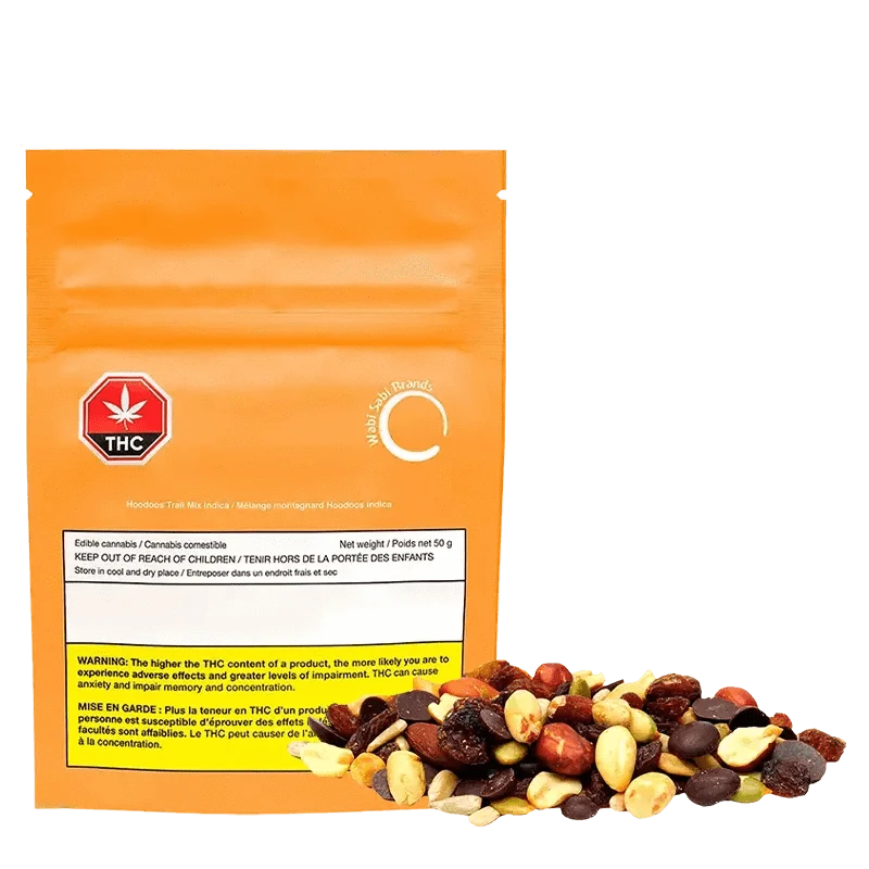 Front view of the Hoodoos Trail Mix package featuring bold graphics and warning text in both English and French.