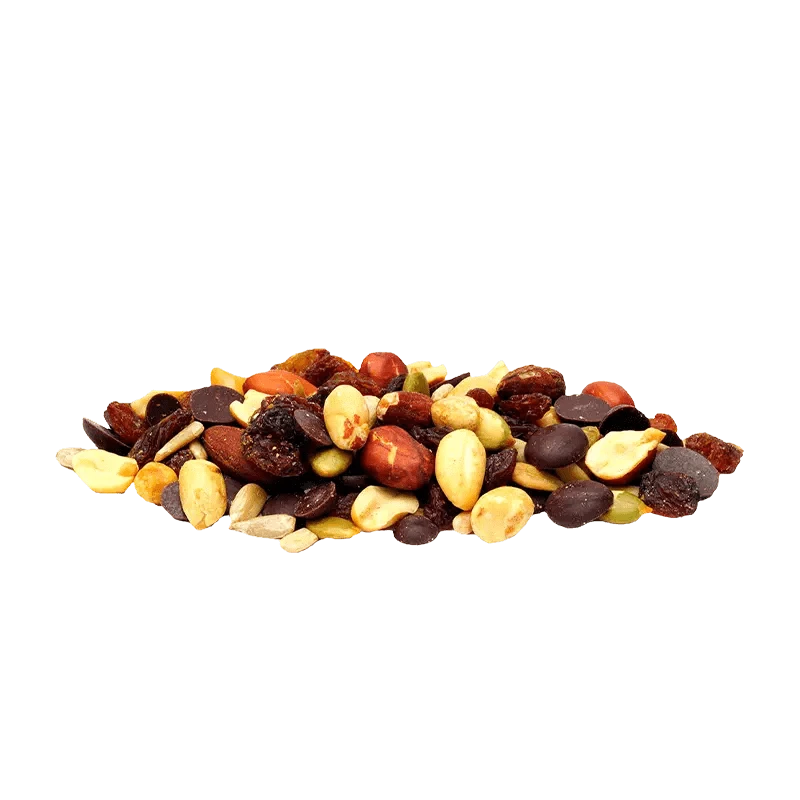 A scattered pile of Hoodoos Trail Mix, showing an overhead view of various nuts and dried fruits against a white background.