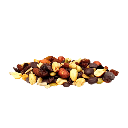 A scattered pile of Hoodoos Trail Mix, showing an overhead view of various nuts and dried fruits against a white background.