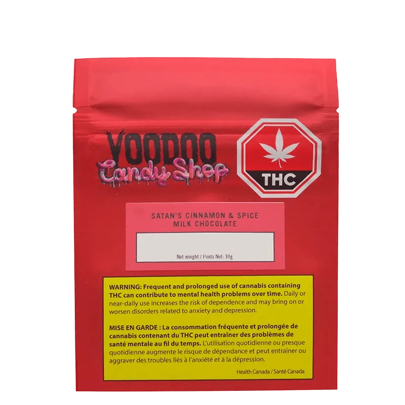 Front view of the “Cinnamon & Spice” package against a black background, displaying branding and warning text.