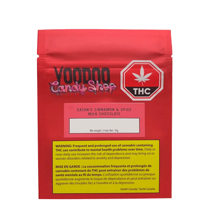 Front view of the “Cinnamon & Spice” package against a black background, displaying branding and warning text.