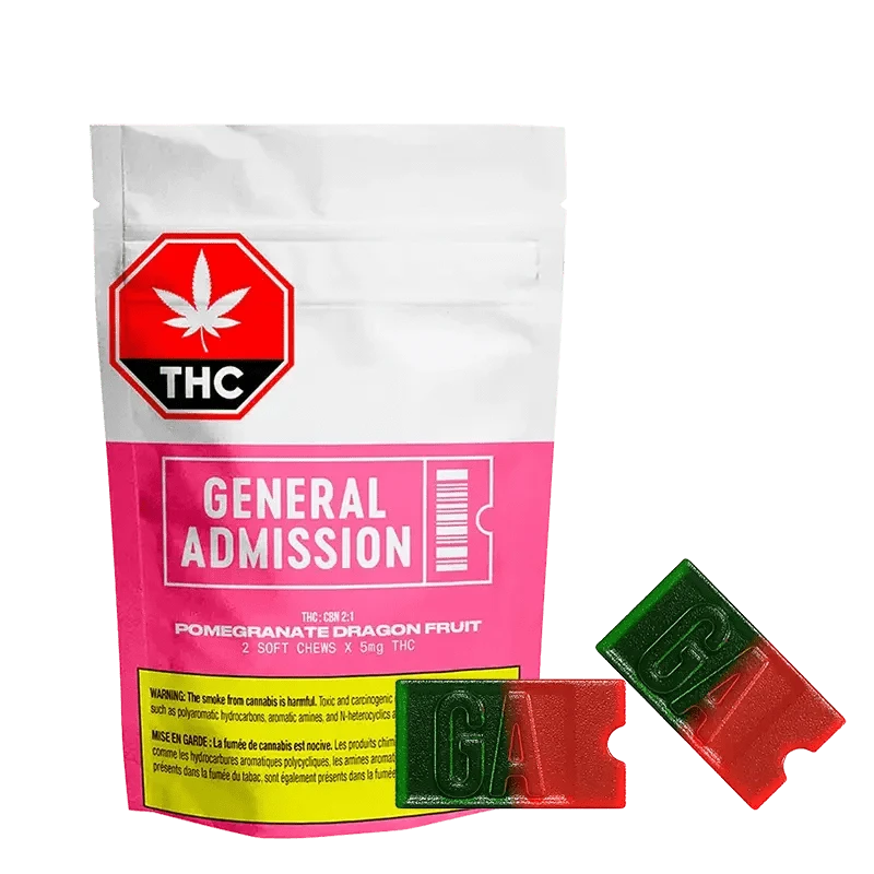 Close-up of Pomegranate Dragon Fruit Gummies against a white background with a red and black label featuring THC warning text.
