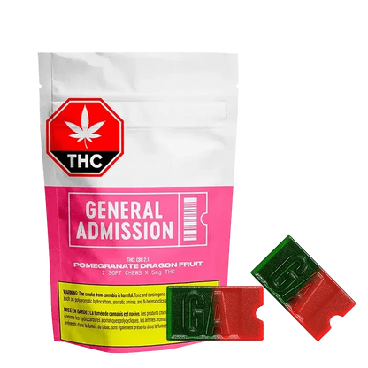 Close-up of Pomegranate Dragon Fruit Gummies against a white background with a red and black label featuring THC warning text.
