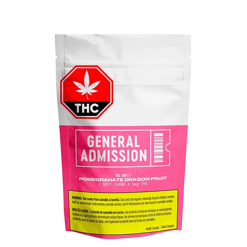 Close-up of the Pomegranate Dragon Fruit Gummies packaging with a bright pink and white design featuring bold text and THC warnings.
