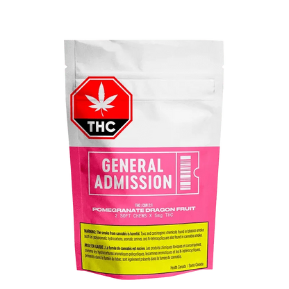 Close-up of the Pomegranate Dragon Fruit Gummies packaging with a bright pink and white design featuring bold text and THC warnings.