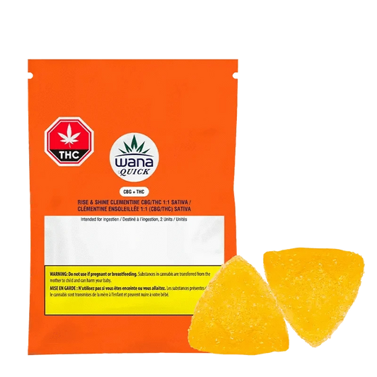 Front view of the Rise & Shine Clementine 1:1 Gummies packaging, displaying a vibrant orange and white design.