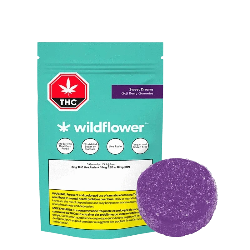 Front view of Sweet Dreams Goji Berry Gummies packaging with colorful branding and text indicating "vegan" and "no added sugar."