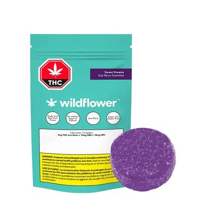 Front view of Sweet Dreams Goji Berry Gummies packaging with colorful branding and text indicating "vegan" and "no added sugar."