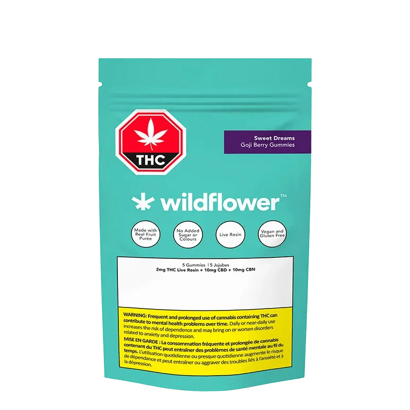 A front view of Sweet Dreams Goji Berry Gummies packaging displays branding elements and information about the product's contents.