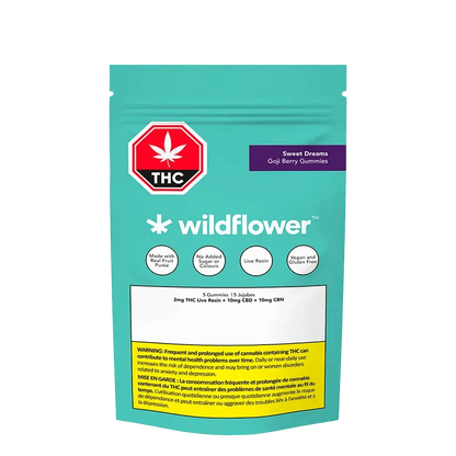 A front view of Sweet Dreams Goji Berry Gummies packaging displays branding elements and information about the product's contents.