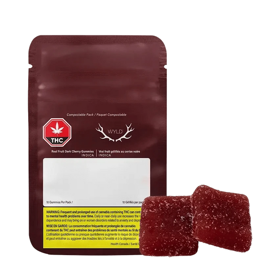 Front view of the Real Fruit Dark Cherry 5:1 Gummies packaging, displaying a colorful label with branding and warnings.