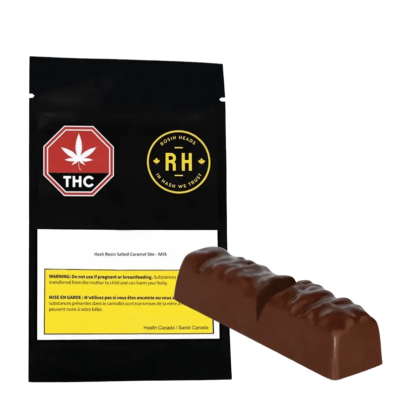 Close-up of the Hash Rosin Salted Caramel Stix packaging, featuring a circular logo with text on a black background.