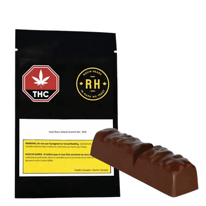 Close-up of the Hash Rosin Salted Caramel Stix packaging, featuring a circular logo with text on a black background.
