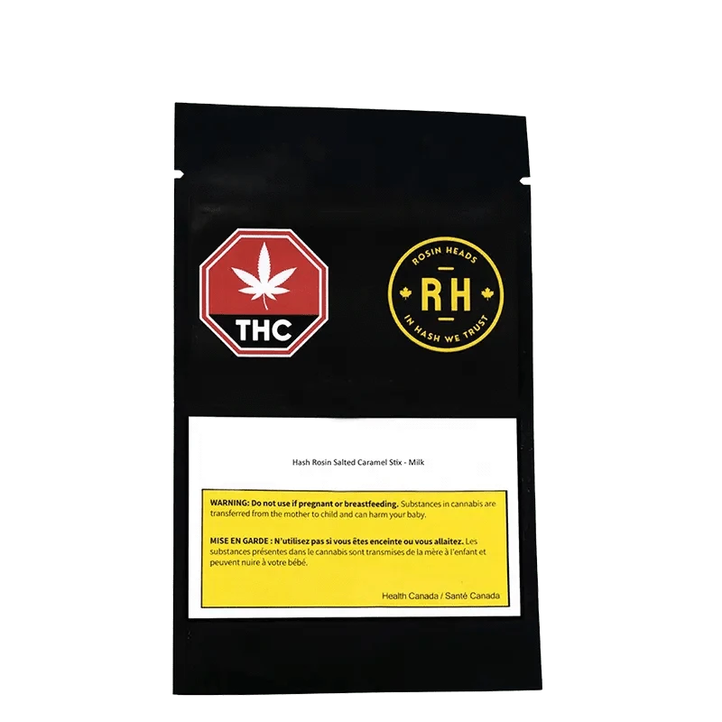 Front view of the Hash Rosin Salted Caramel Stix packaging with a circular logo on a black background.