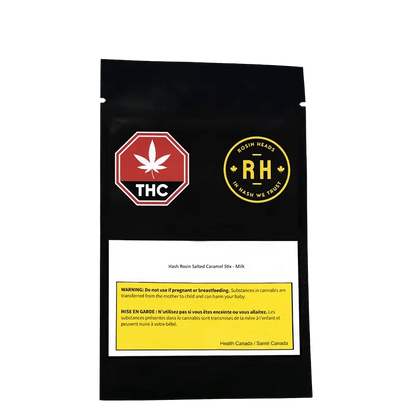 Front view of the Hash Rosin Salted Caramel Stix packaging with a circular logo on a black background.