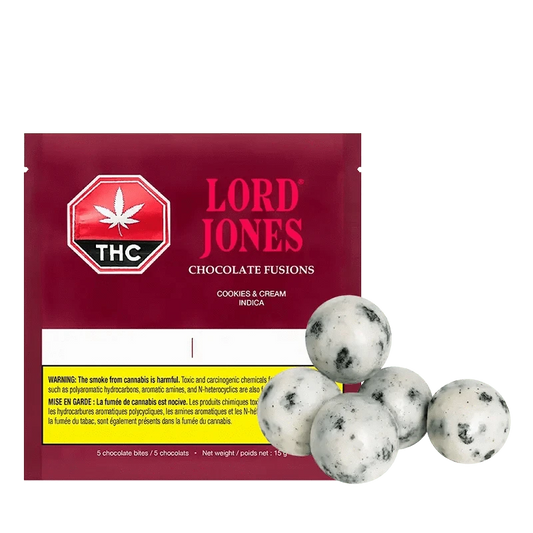 Front view of the Lord Jones Chocolate Fusions - Cookies & Cream packaging featuring bold text on a dark background.