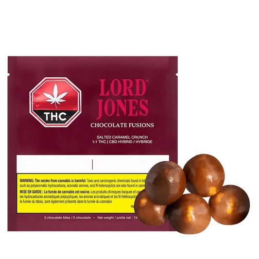 Front view of the Chocolate Fusions - Salted Caramel Crunch package against a dark background, highlighting the brand logo and product name.