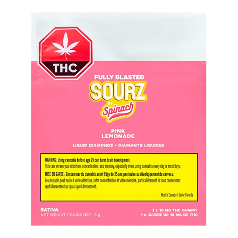 Front-facing pouch shot of Fully Blasted Pink Lemonade Gummies with a pink background, bold "Sourz by Spinach" logo and THC stop sign.