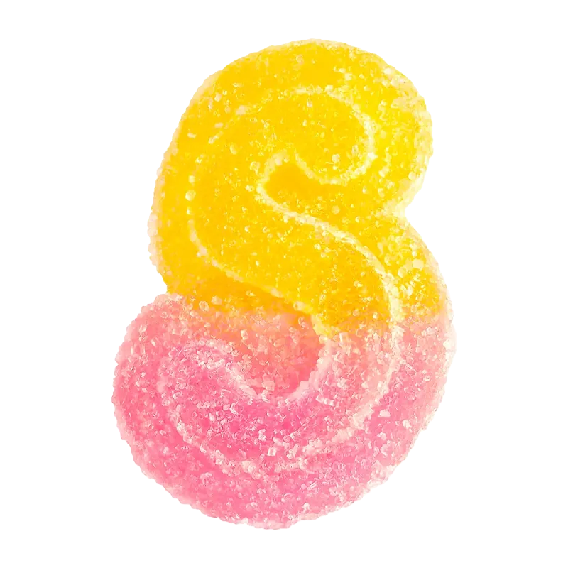 Close-up top view of a sugar-coated two-tone pink and yellow gummy, "Fully Blasted Pink Lemonade Gummies", on a white background.
