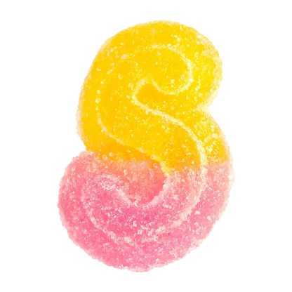 Close-up top view of a sugar-coated two-tone pink and yellow gummy, "Fully Blasted Pink Lemonade Gummies", on a white background.