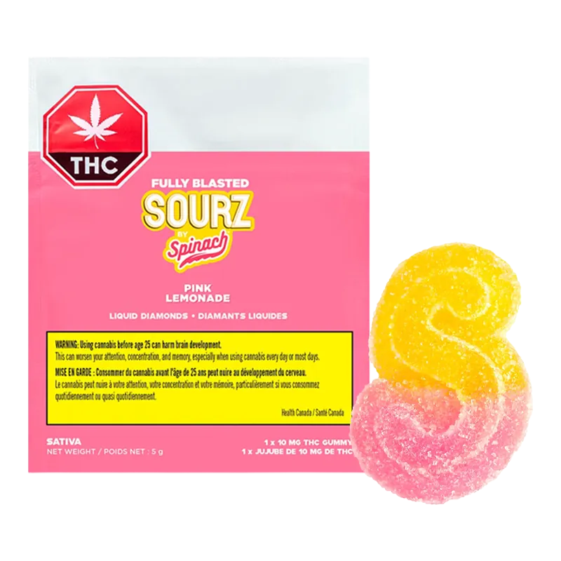 Square front-on shot of the Fully Blasted Pink Lemonade Gummies pink pouch with bold yellow warning box and two sugar-coated yellow-and-pink gummy swirls at right