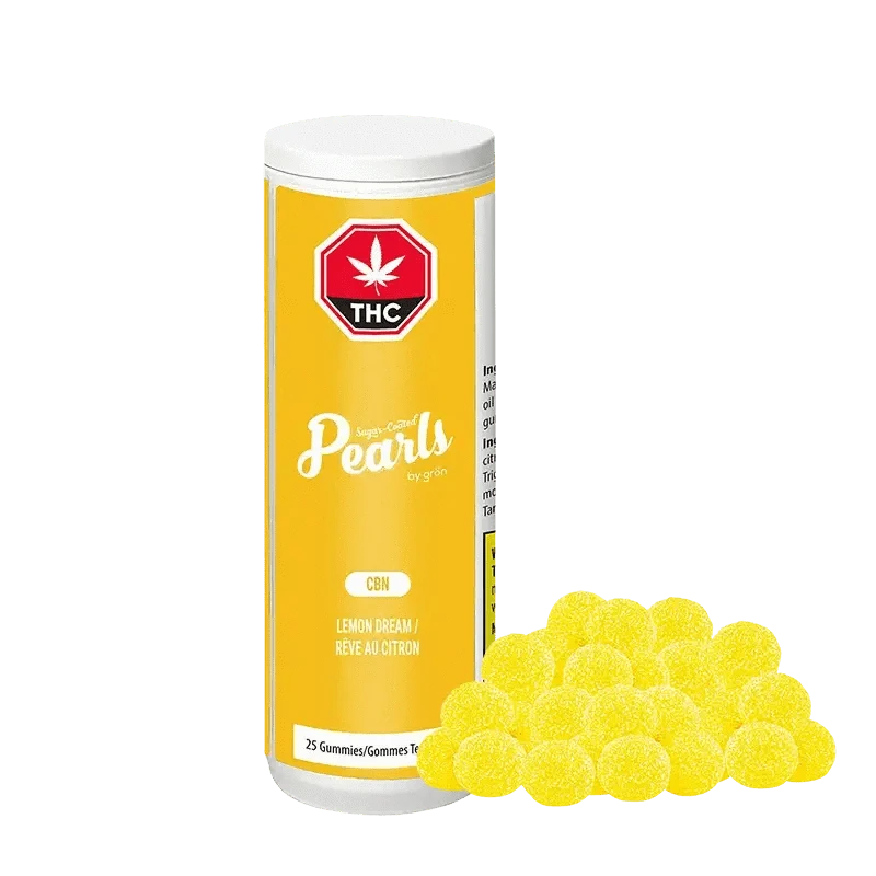 Front view of Lemon Dream CBN Gummies packaging with bright yellow text on a white background.